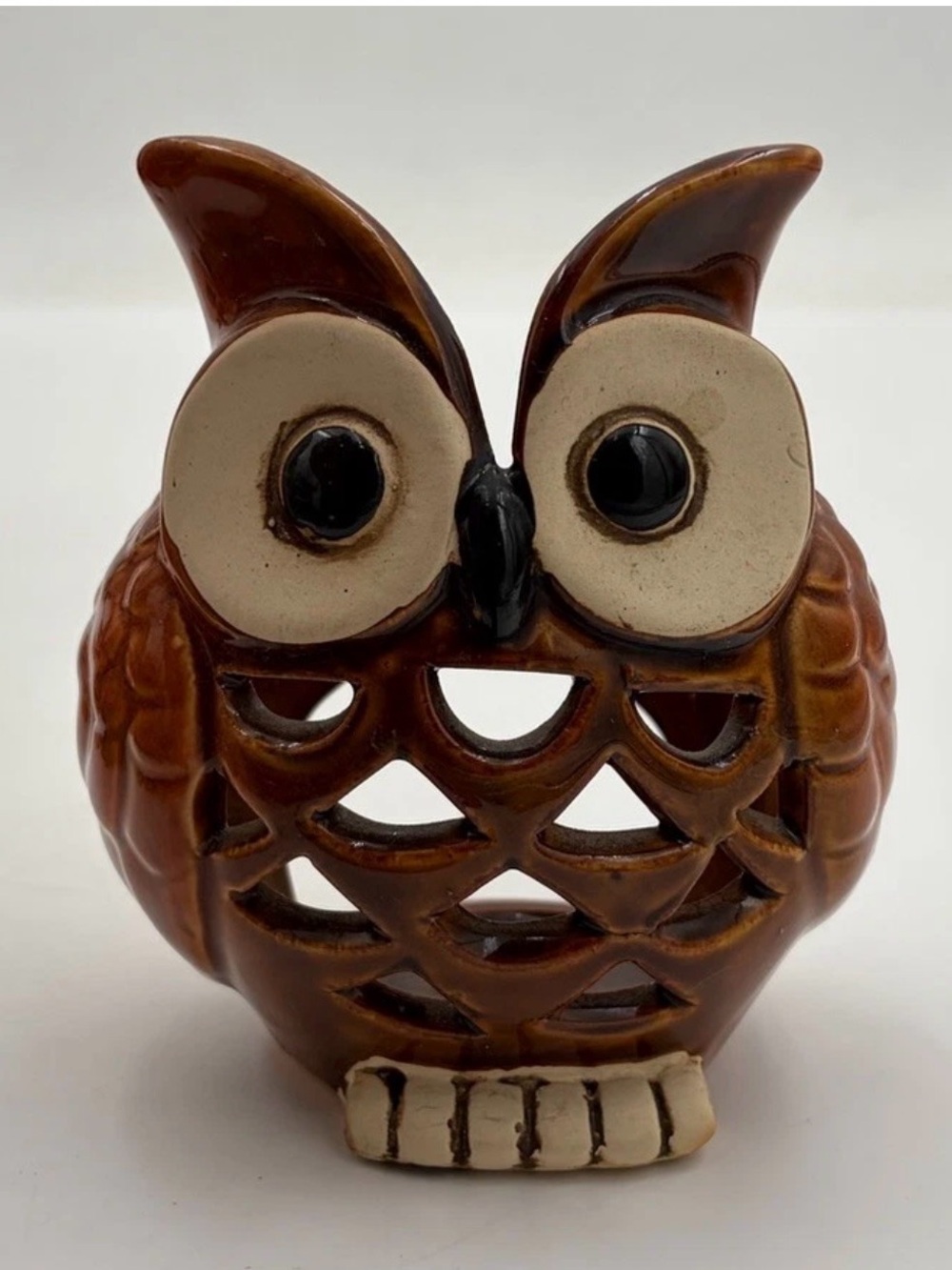 Vintage Owl MCM Votive Candle Holder Brown Ceramic Retro Decor 1970s